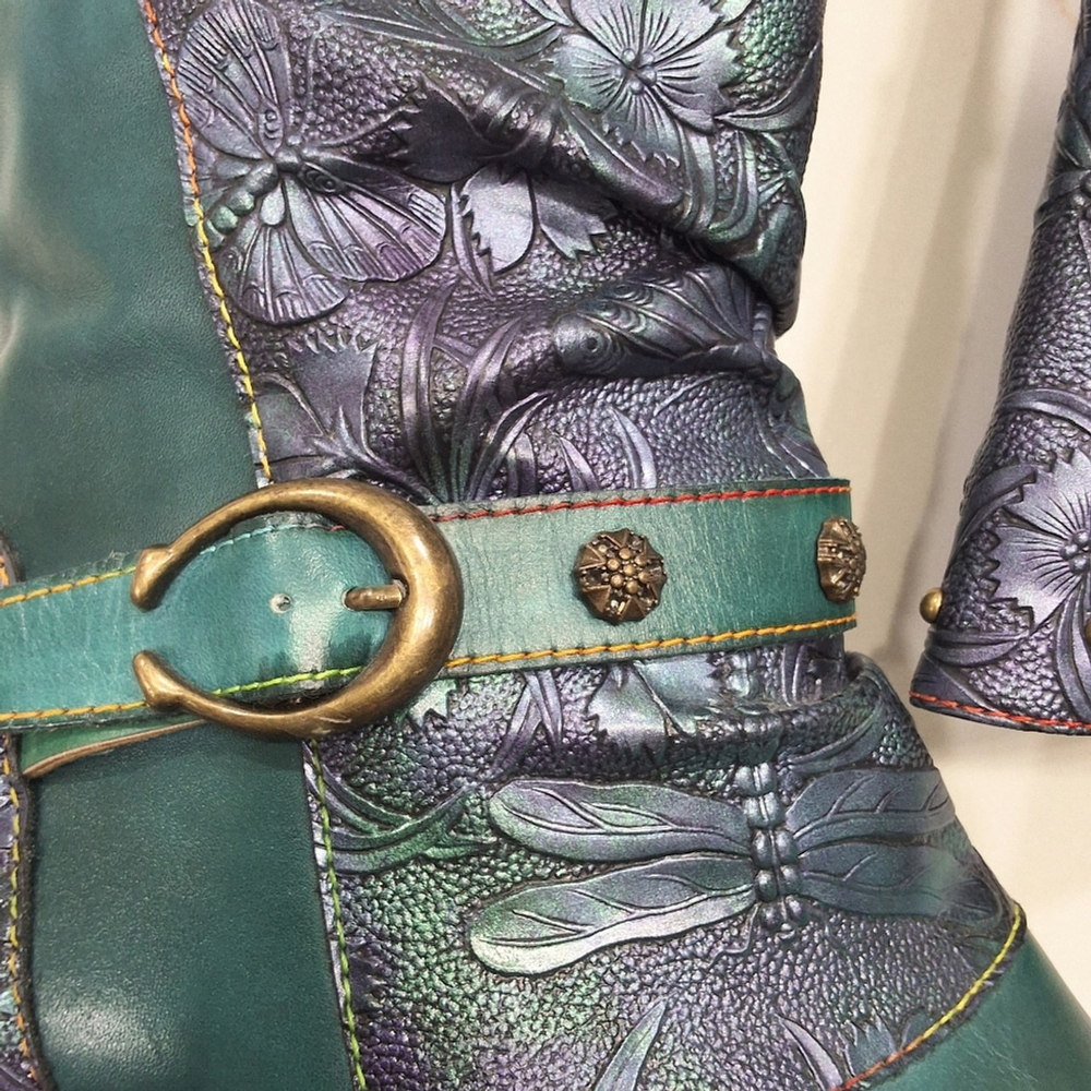 NWOT Leather Cowgirl Embossed Calf Boot~Peacock Green~Dragonfly~Whimsical~8.5 - Picture 2 of 7
